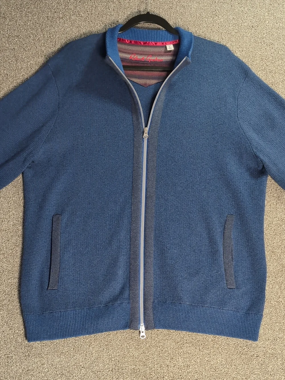 Robert Graham Full Zip Up Cardigan Sweater Size Large in Navy Blue/Gray Cotton